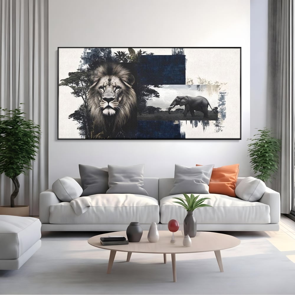 Tablou canvas cu tablou canvas cu leu si elefant, in rama de aluminiu negru, pe perete intr-un living